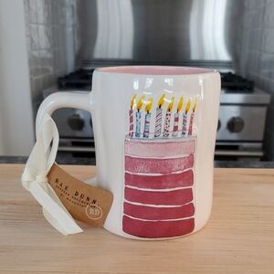 Rae Dunn "Cheers To Another Year" Mug with Pink Layered Cake and Yellow Candles